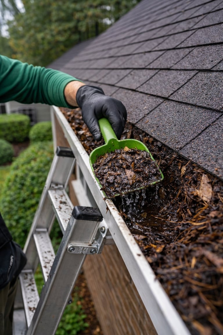 Person in green shirt wearing black gloves cleaning gutter with scoop full of debris and leaves
