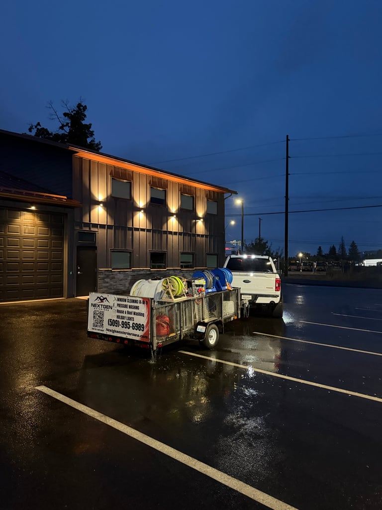 Illuminated commercial building at dusk with utility trailer parked on wet parking lot and vehicles nearby
